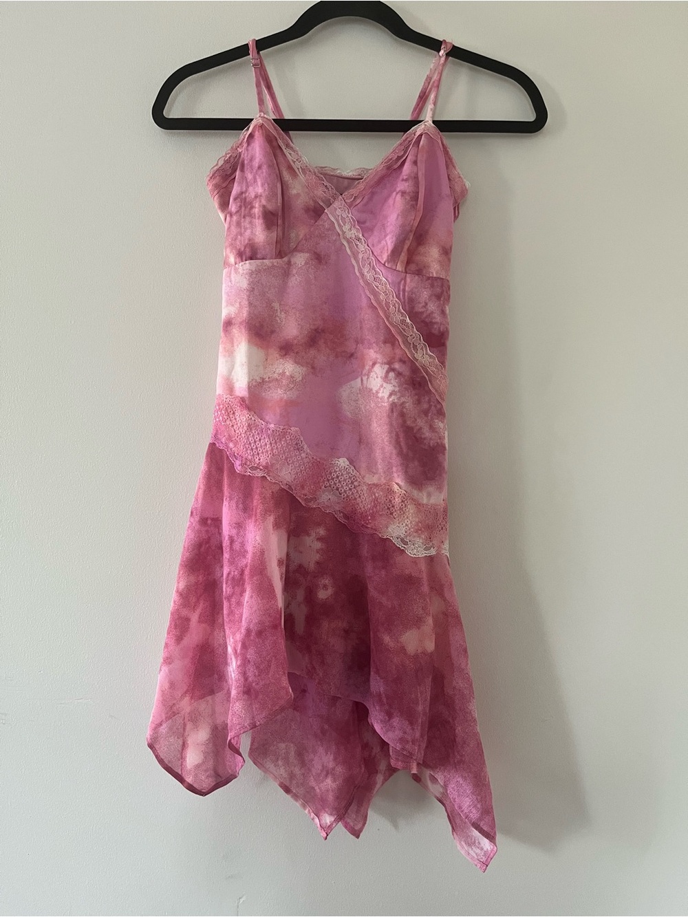 SOLD Y2K Pink Lace Romantic Asymmetrical Slip Midi Dress XS Coquette Ethereal